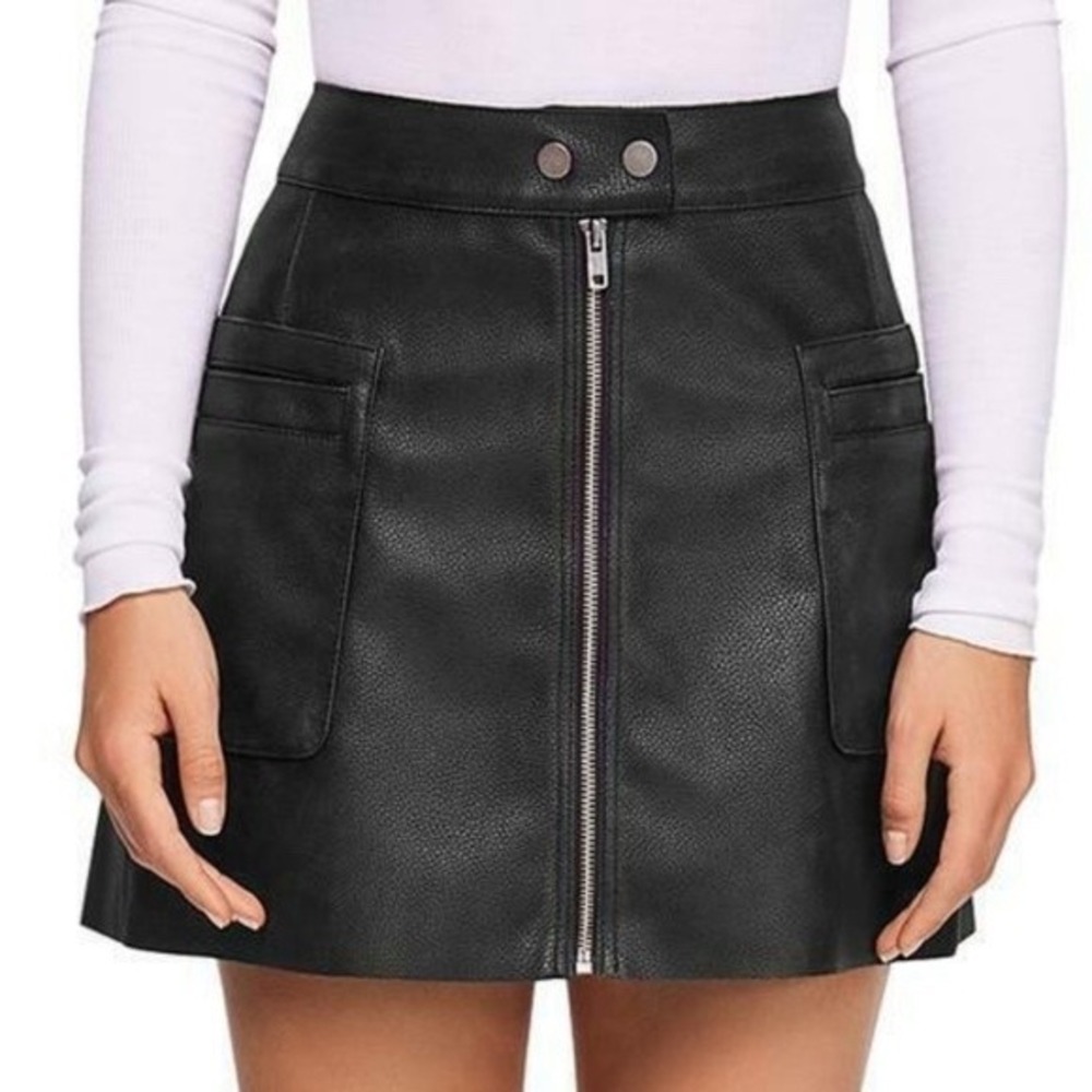 Free People Vegan Leather Zip Front Mini Skirt Pockets Moto Biker Alternative 0
